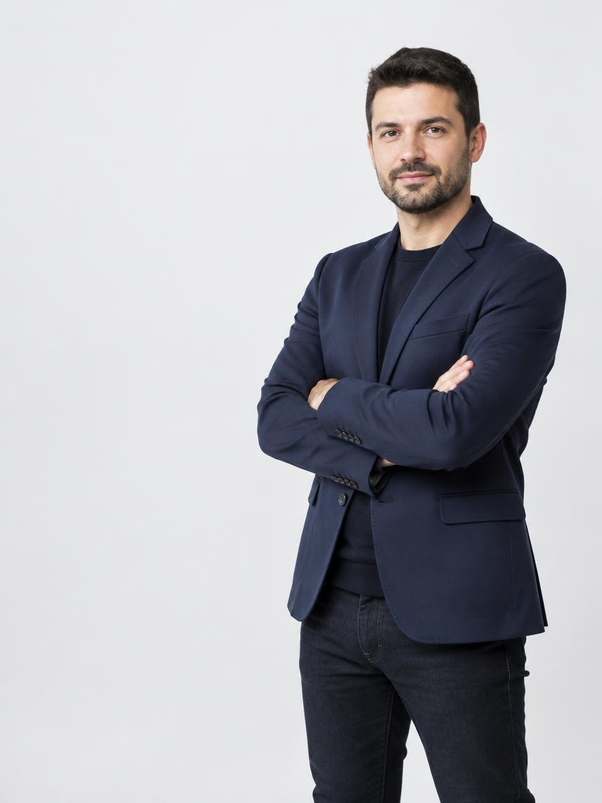 Portret van de lead developer van Skalable, staand met gekruiste armen