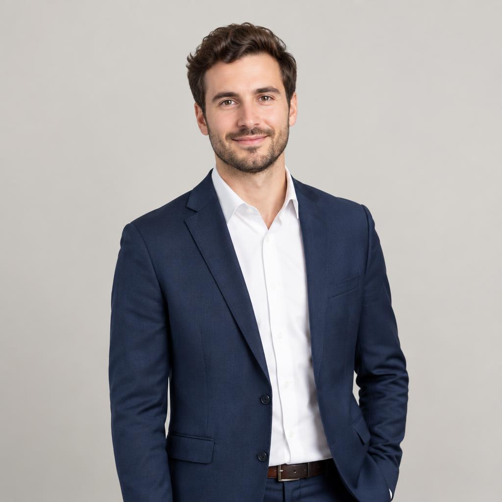Portret van de projectmanager van Skalable, staand in een donkerblauwe blazer